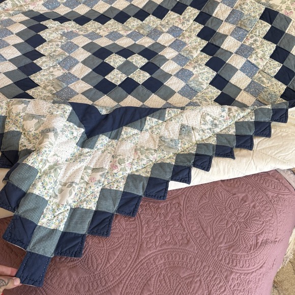 Vintage Pieced Patchwork Quilt Blue & Cream Floral Diamond Border Queen 86 x 84 - Picture 5 of 8